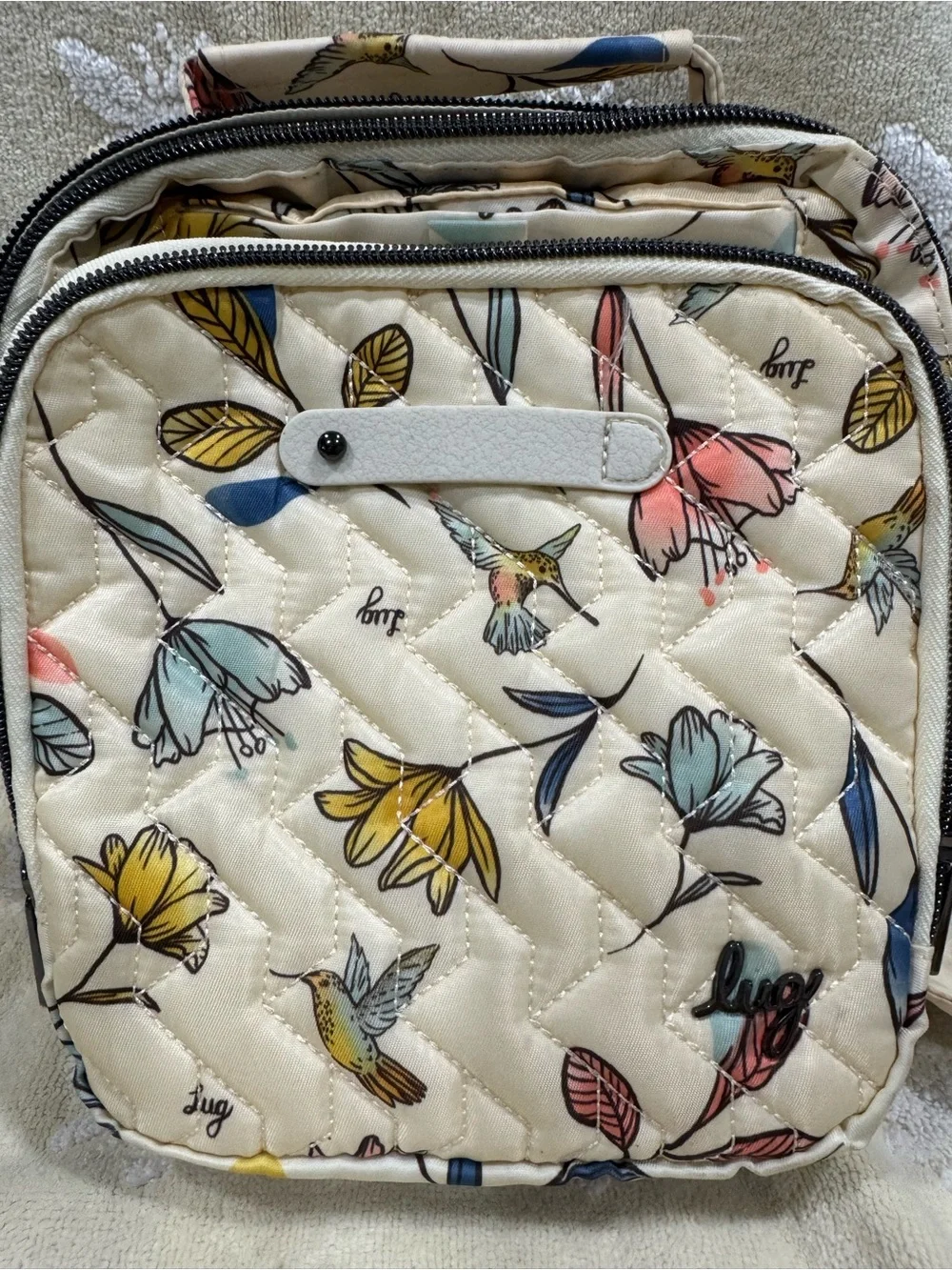LUG Floral Hummingbird Quilted Crossbody Bag in Cream—EUC